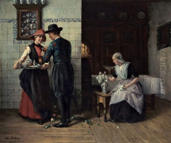 Junges Gluck - Hollandische Stube Mit Einem Jungen Mann, Der Seiner Angebeteten Eine Blume Ansteckt Oil Painting by Otto Kirberg