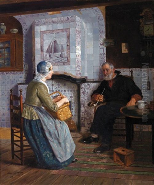 Hollandisches Kucheninterieur Mit Zwei Personen Im Gesprach Oil Painting by Otto Kirberg