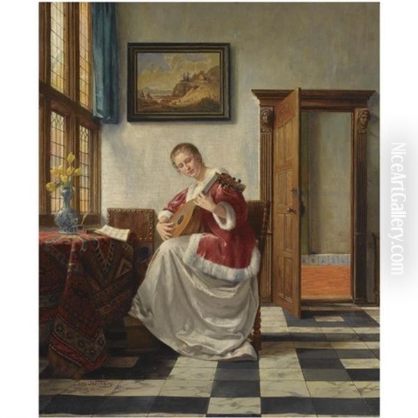 Playing The Lute Oil Painting by Otto Kirberg