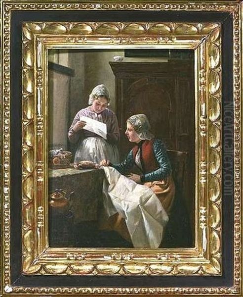 Stubeninterieur Mit Zwei Frauen, Einen Brief Lesend Oil Painting by Otto Kirberg