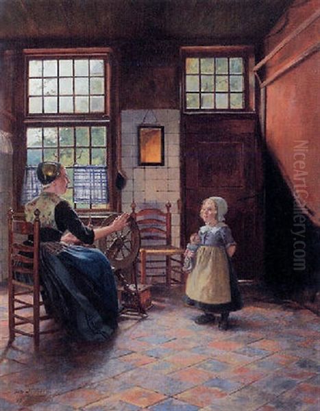 Kitchen Interior With A Mother At A Loom And A Child Holding A Doll Oil Painting by Otto Kirberg