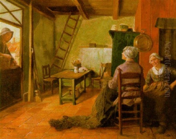 Interieur Mit Netzflickenden Fischerfrauen Oil Painting by Otto Kirberg