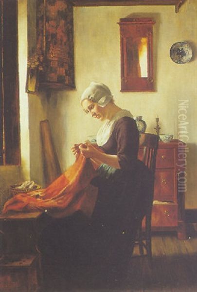 A Girl Mending Oil Painting by Otto Kirberg