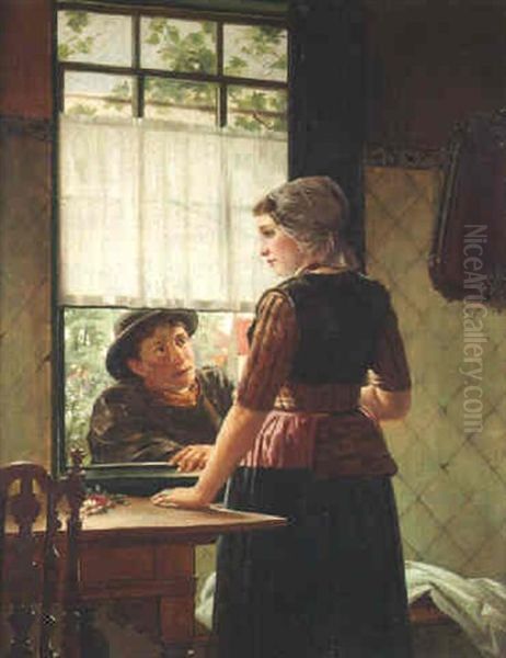 Young Lovers At A Window Oil Painting by Otto Kirberg