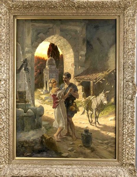 Tanzendes Paar An Einem Brunnen Unterhalb Des Stadttores In Italienischer Landschaft Oil Painting by Johann Frank Kirchbach