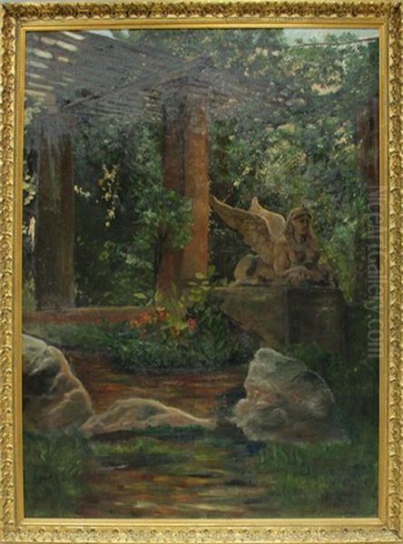 Sonnendurchflutete Gartenterrasse Mit Skulptur Einer Sphinx Oil Painting by Johann Frank Kirchbach