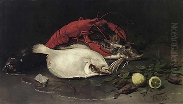 Stilleben Mit Fischen, Languste, Zitronen, Peperoni Und Lorbeer Oil Painting by Johann Frank Kirchbach