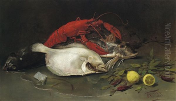 Stilleben Mit Hummer Und Fischen Oil Painting by Johann Frank Kirchbach