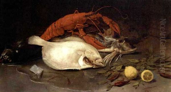 Stlleben Med Hummer Og Fisk Oil Painting by Johann Frank Kirchbach