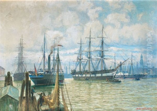 Die Reichsflotte Im Hamburger Hafen Oil Painting by Alexander Kircher