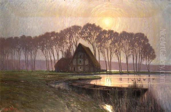 Sonnenaufgang Uber Wasserlandschaft Mit Fachwerkhaus Oil Painting by Alexander Kircher