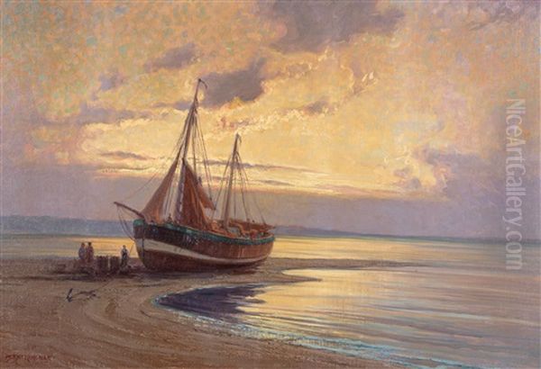 Evening Light With Fishing Boat On The Coast Oil Painting by Alexander Kircher