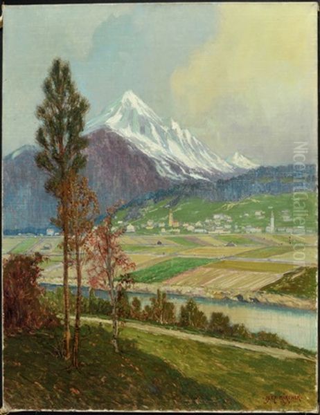 Berglandschaft Mit Dorfansicht Und Schneebedeckten Gipfeln Oil Painting by Alexander Kircher