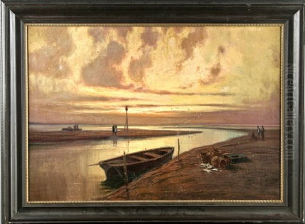 Kustenlandschaft Bei Sonnenuntergang Mit Kahn Im Priel Und Figurenstaffage by Alexander Kircher