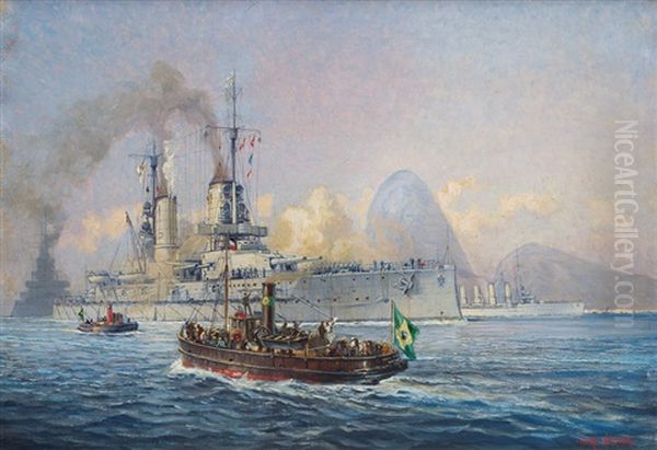 The Sms Kaiser In Front Of Sugar Loaf Mountain Oil Painting by Alexander Kircher