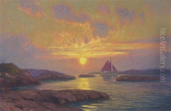 Fiskerbad I En Fjord, Solnedgang Oil Painting by Alexander Kircher