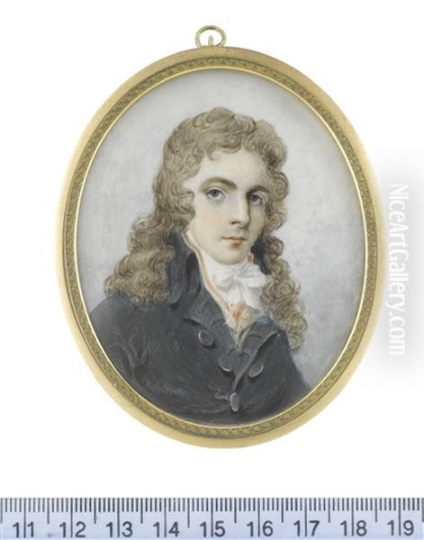 A Young Gentleman, Wearing Dark Blue Coat, White Waistcoat, Scarlet Solitaire, White Chemise, Stock And Cravat, His Long Hair Powdered Oil Painting by Henry Kirchhoffer