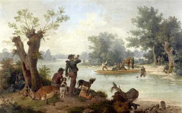 Jagdgesellschaft An Einem Fluss Oil Painting by Joseph Kirchmair