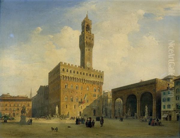 Stadtisches Treiben Auf Der Piazza Della Signoria Mit Palazzo Vecchio Und Loggia Dei Lanzi In Florenz Oil Painting by Albert Emil Kirchner