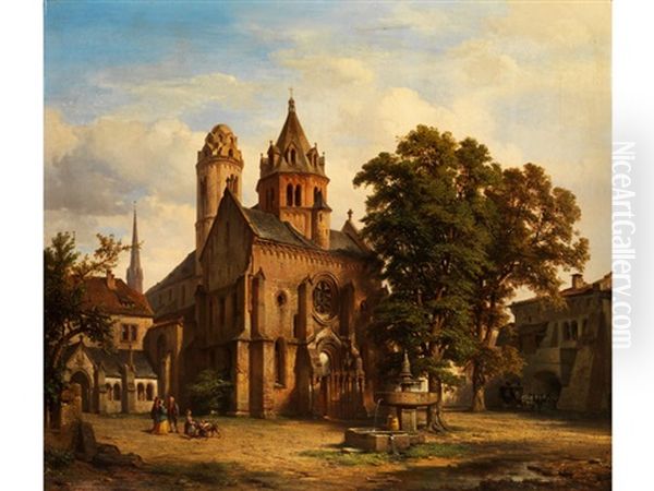 Blick Auf Eine Romanische Kirche Uber Den Vorhof Mit Brunnen Und Eichenbaumen Sowie Figurenstaffage Oil Painting by Albert Emil Kirchner