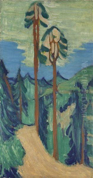 Extensive Landscape With Figures On A Road Oil Painting by Ernst Ludwig Kirchner