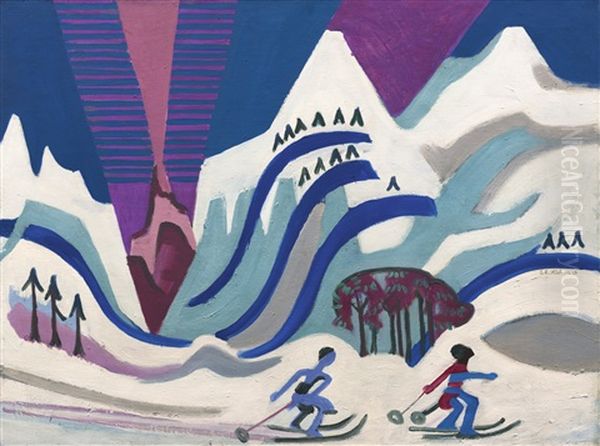 Schneeberge Mit Skilaufern Oil Painting by Ernst Ludwig Kirchner