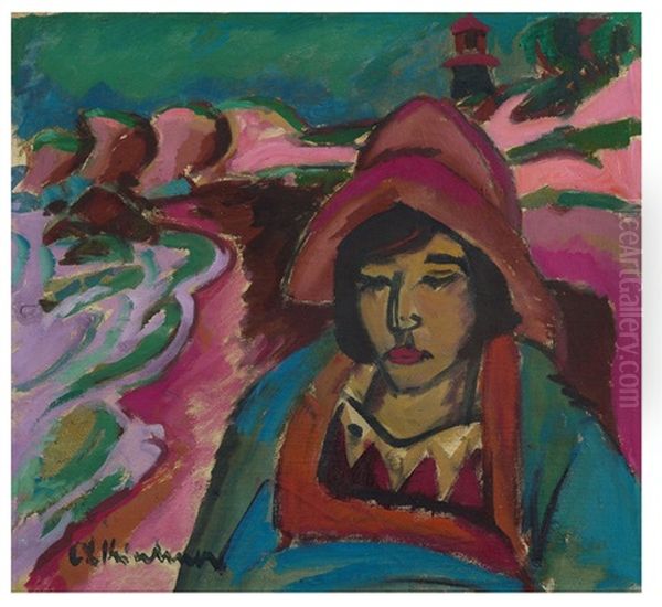 Madchen In Sudwester Oil Painting by Ernst Ludwig Kirchner