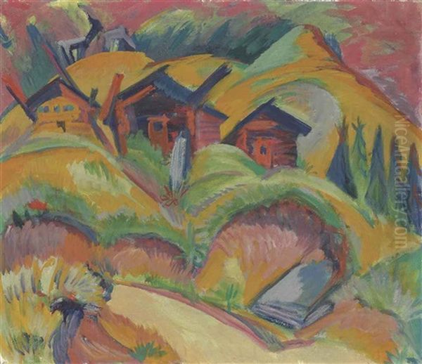 Drei Hutten Am Hugel, Rote Hutten Oil Painting by Ernst Ludwig Kirchner