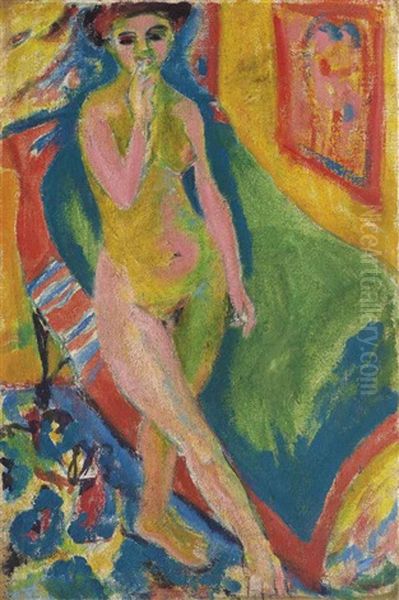 Nacktes Madchen Vor Grunem Sofa Oil Painting by Ernst Ludwig Kirchner