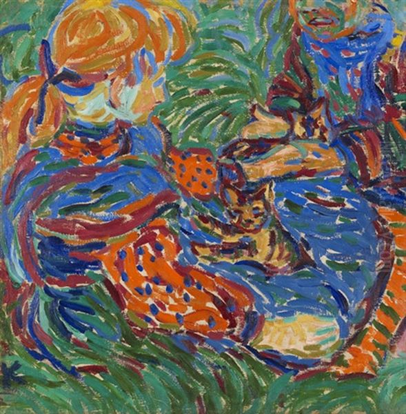 Zwei Mit Katzen Spielende Madchen (+ Frauen- Und Mannerkopf, 1924/26, Smllr, Verso) Oil Painting by Ernst Ludwig Kirchner