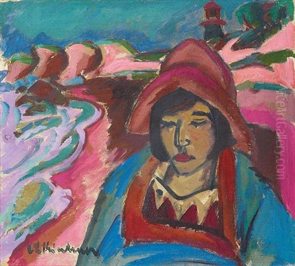 Madchen In Sudwester Oil Painting by Ernst Ludwig Kirchner