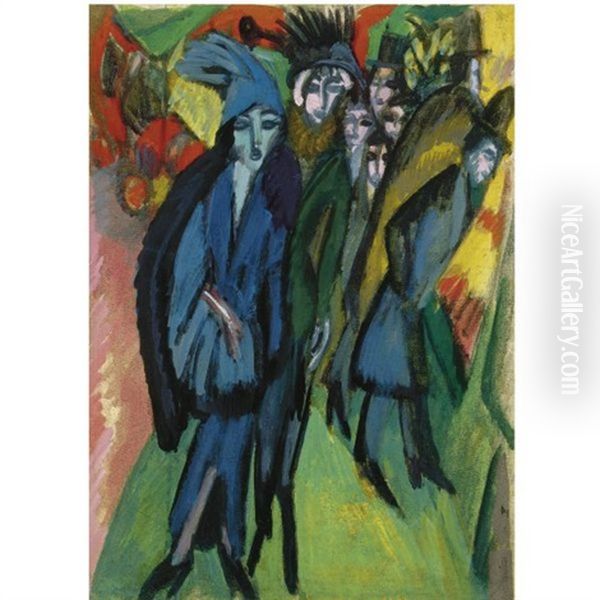 Strassenszene - Street Scene (+ Kopf Graf - Portrait Of Graf; Verso) Oil Painting by Ernst Ludwig Kirchner