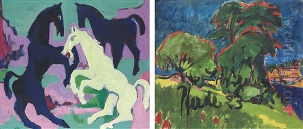 Drei Pferde (+ Landschaft, Verso) by Ernst Ludwig Kirchner