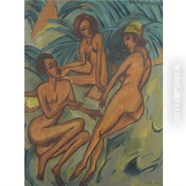 Gruppe Badender Am Strand - Group Of Bathers On The Beach Oil Painting by Ernst Ludwig Kirchner