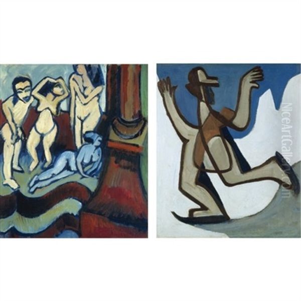 Vier Holzplastiken - Four Wood Sculptures (+ Schlittschuhlaufer - Ice Skater, Verso) Oil Painting by Ernst Ludwig Kirchner