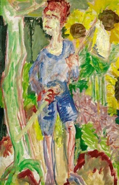 Kind, In Ganzer Figur Mit Kurzen Hosen Und Obstpflucker (?) An Langer Stange Oil Painting by Ernst Ludwig Kirchner