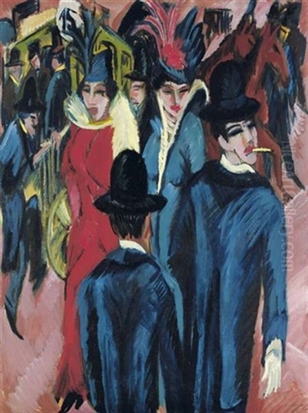 Berliner Strassenszene (+ Baume, Verso) Oil Painting by Ernst Ludwig Kirchner