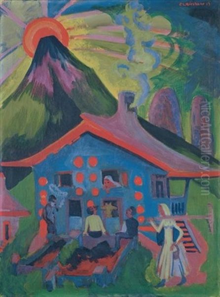 Berghaus (mit Untergehender Sonne) Oil Painting by Ernst Ludwig Kirchner