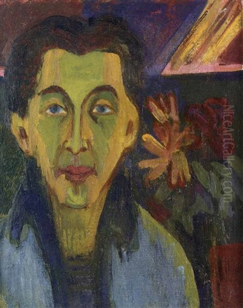 Kopf Mit Blumen (funf Kinder Vor Dem Haus, Verso) Oil Painting by Ernst Ludwig Kirchner