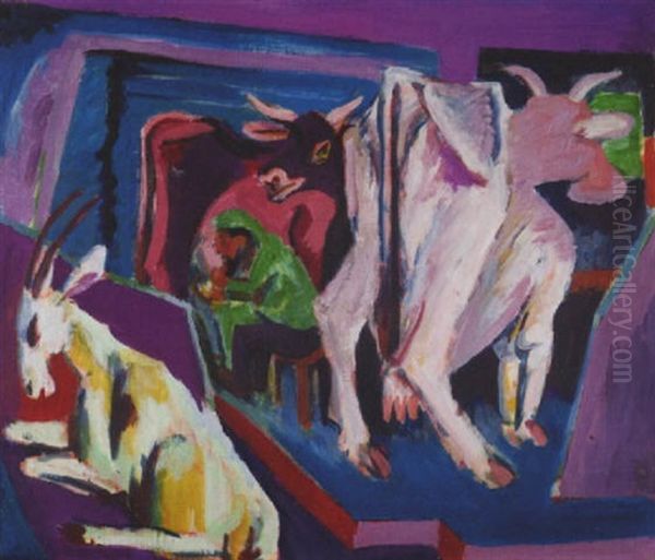 Kuhstall; Alpbauer Beim Melken Oil Painting by Ernst Ludwig Kirchner