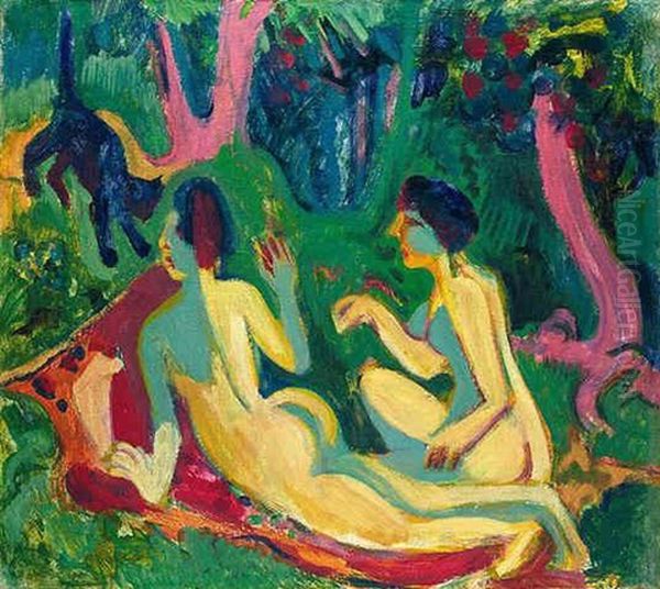 Akte Im Wald Mit Katze Oil Painting by Ernst Ludwig Kirchner