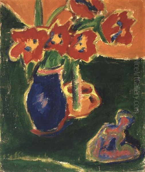 Rote Tulpen In Blauer Vase, Mit Skulptur Oil Painting by Ernst Ludwig Kirchner