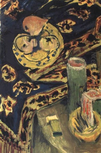 Stilleben Mit Fruchtschale Und Kerze, Auf Einer Stark Gemusterten Decke Oil Painting by Ernst Ludwig Kirchner