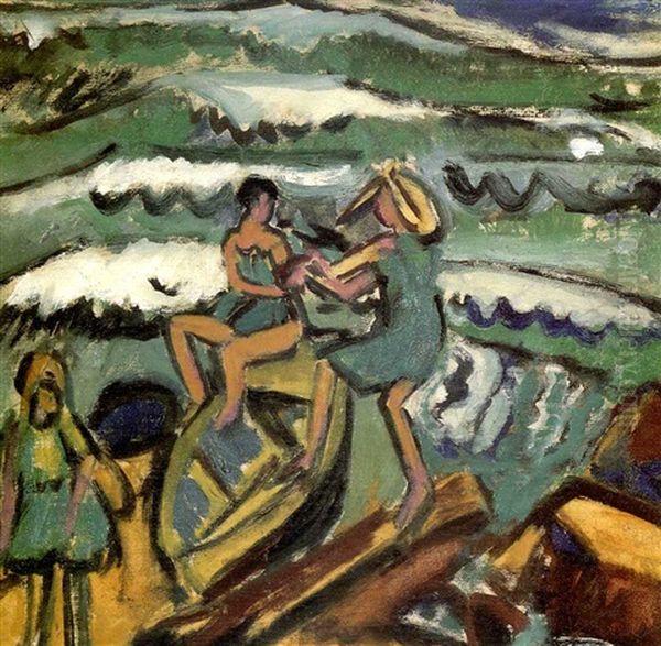 Drei Madchen Mit Boot In Brandung Oil Painting by Ernst Ludwig Kirchner