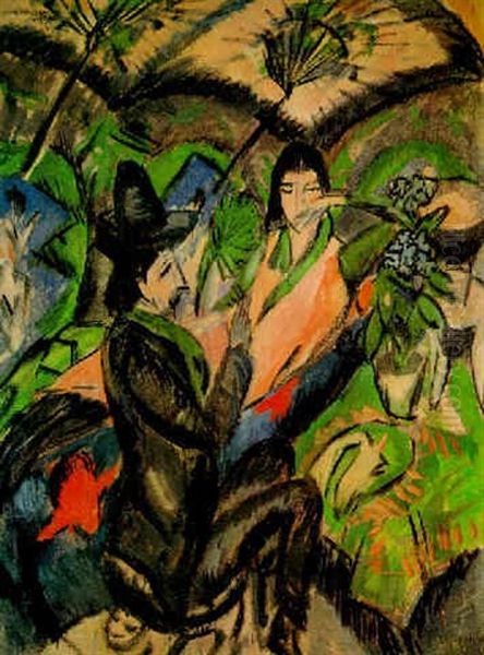 Recto: Paar Unter Dem Japan Schirm                          Verso: Landschaft Mit Drei Figuren Oil Painting by Ernst Ludwig Kirchner