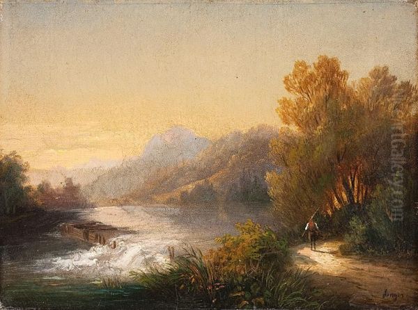 Weites Gebirgstal Mit Fluss Oil Painting by Anton Bayer