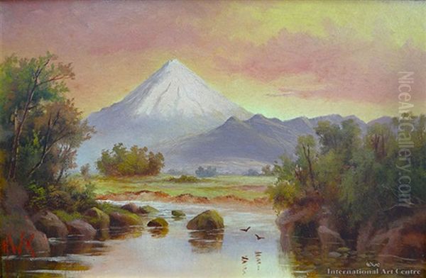 Mt Egmont Sunset Oil Painting by Henry William Kirkwood