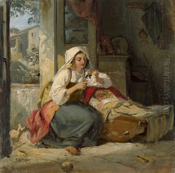 Sonniges Interieur Mit Junger Italienerin Und Ihrem Neugeborenen In Der Wiege Oil Painting by Johann Baptist Kirner