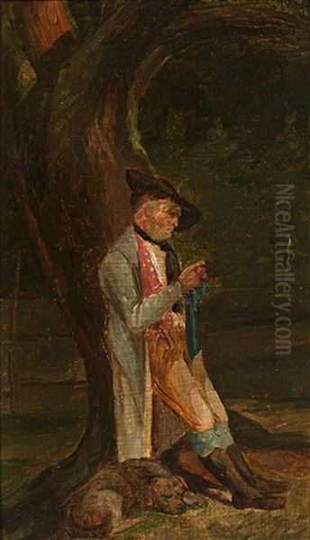 Strickender Mann In Uniform by Johann Baptist Kirner