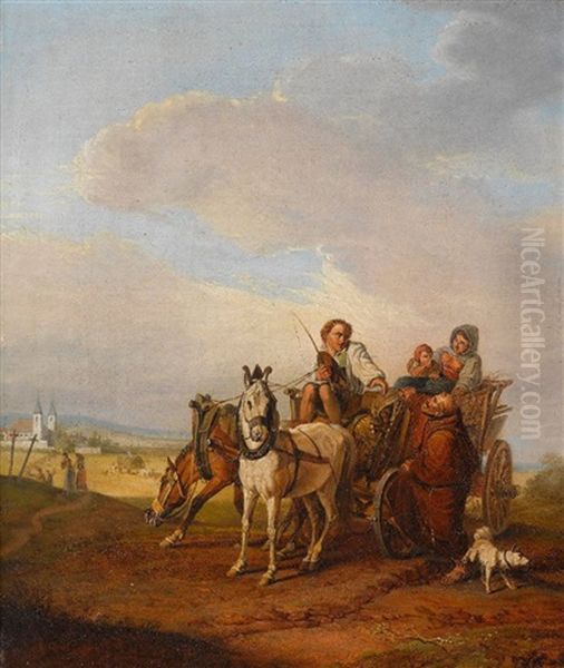 Bauernfamilie Mit Monch Und Pferdefuhrwerk Oil Painting by Johann Baptist Kirner